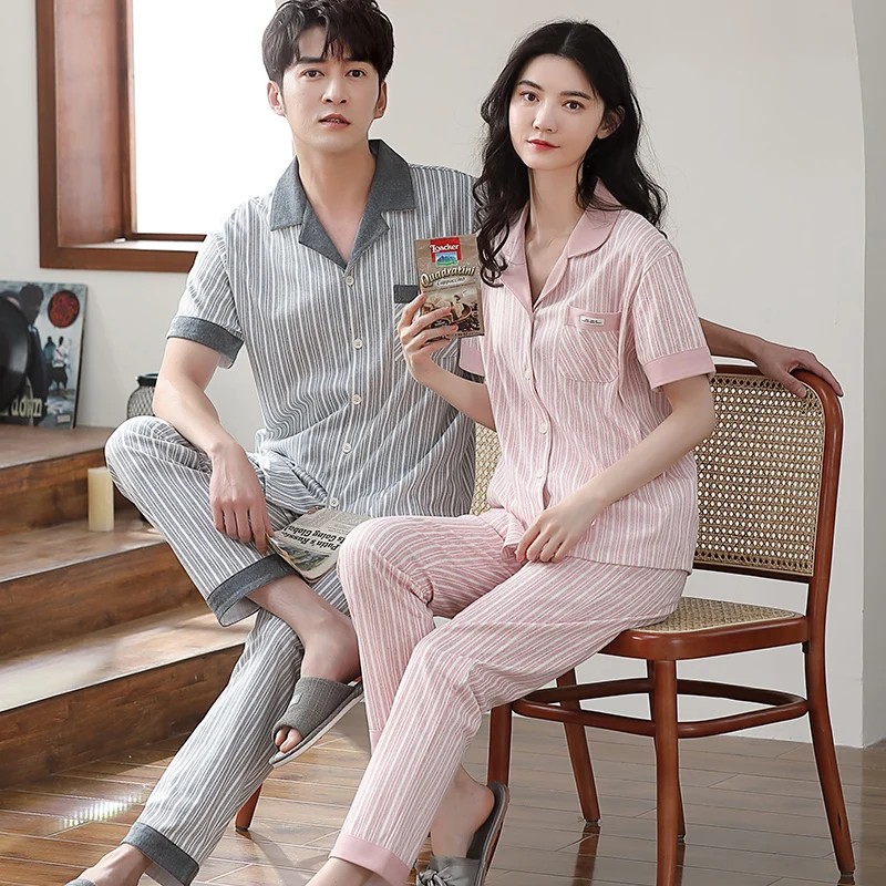 

New Summer Couple Pajamas Set 100% Cotton Leisure Sleepwear Young Lovers Turn-down Collar Striped Pyjamas