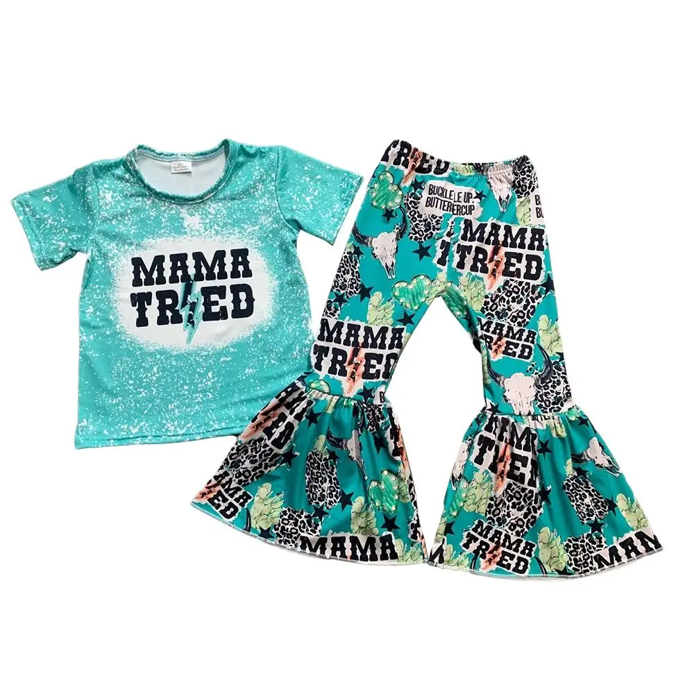 Western Cow Print Mama Tried Letters Short Sleeve Shirt Bell Bottoms Pants Sets Kids Clothes Baby Girls Boutique Spring Outfits