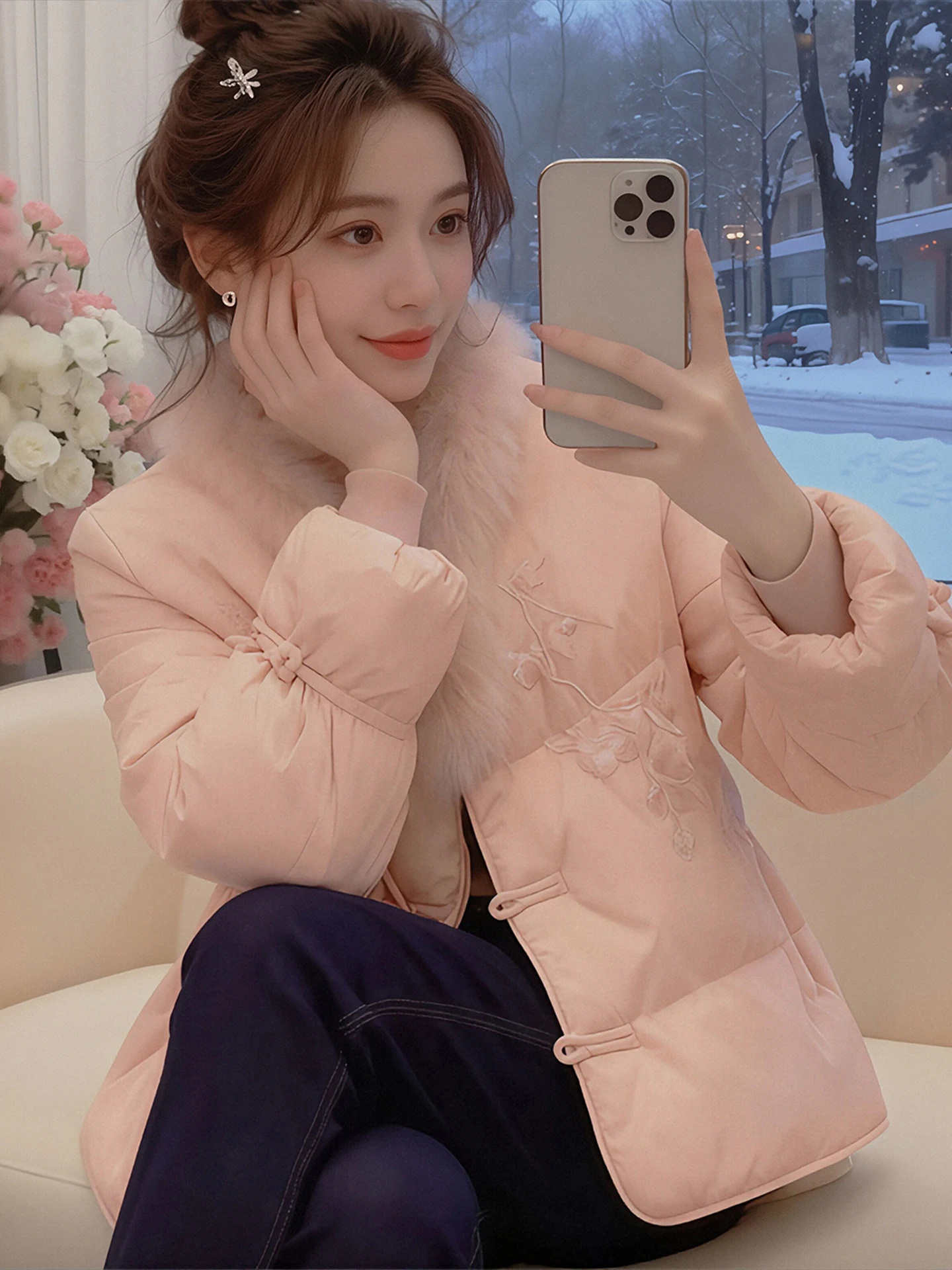 

New Chinese Sle Pink Embroidered Cotton Jaet Women's Winter Large Size Faionable Cute Fur Collar Button Cotton Coat