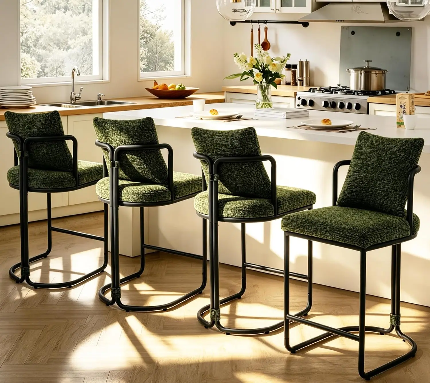 

26in Upholstered Counter Stools With Back Metal Legs Armless Chenille Kitchen Island Home Bar Set 4, Customized