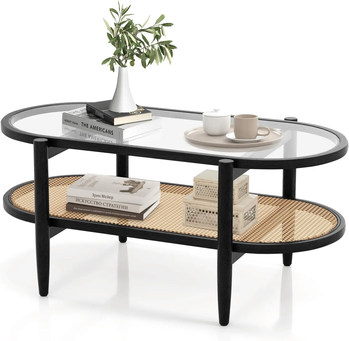 

40”Black Boho Rattan CoffeeTable - Oval Acacia Wood Table with Tempered Glass Top&PE Rattan 2-Tier Storage Shelf for Living Room