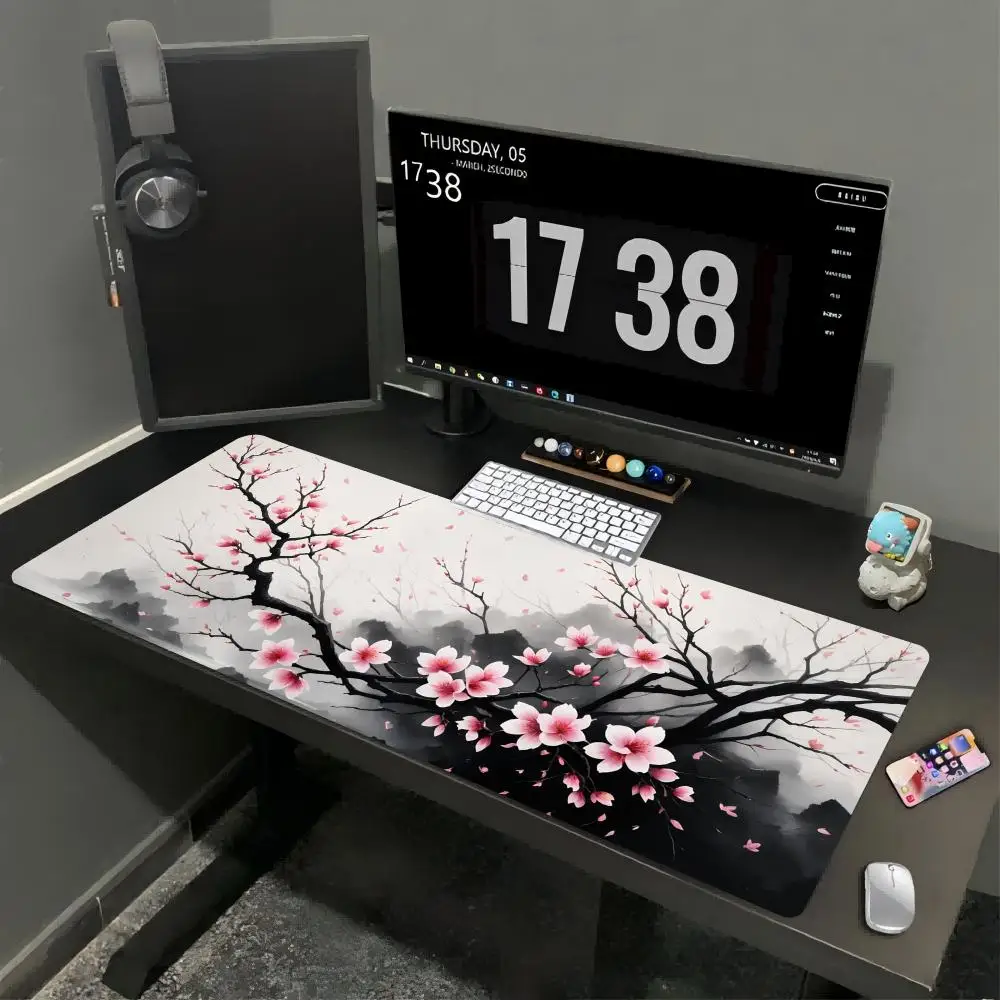 Large XXL Gaming Mousepad Ink Plum Blossom Fuji Mountain Deskmat Keyboard Mat Desk Mats Non-Slip Rubber Computer Accessories