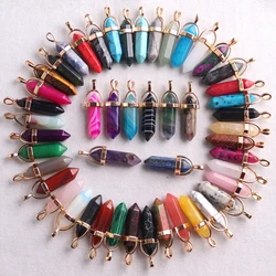 Wholesale 24pcs/lot Assorted Natural Stone Gold Plated Charms Hexagonal Pointed Healing Reiki Pendants For Jewelry Making Free