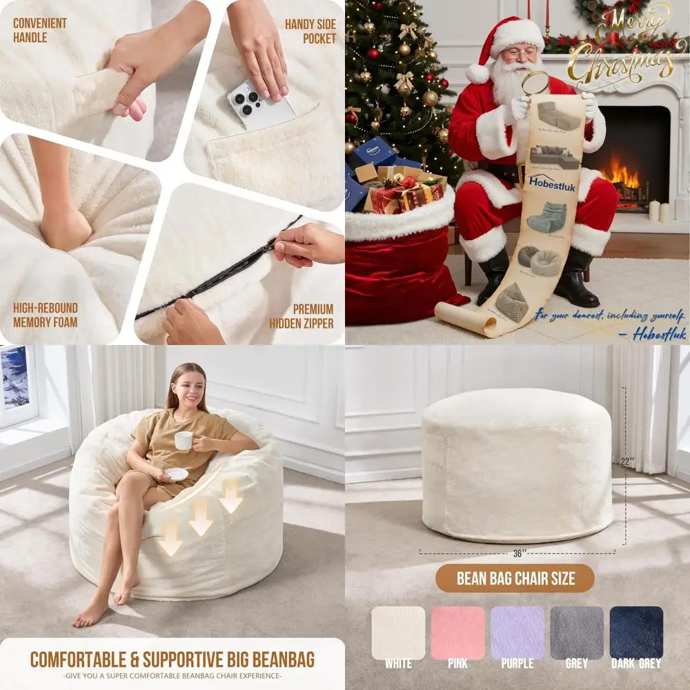 

Large Plush Faux Fur Bean Bag Chair for Adults - 36 x 36 x 22, Ideal for Living Room, Bedroom, Dorm, Office (White)
