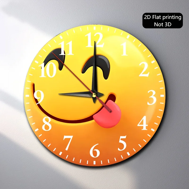 1 Joyful Face Wall Clock with Winking Tongue - Yellow Vintage Round Wooden Clock, Suitable for Rooms, Living Rooms - Pleasant Minimalist Design, Suitable for Offices, Kitchens - Free Clock, 2D Flat