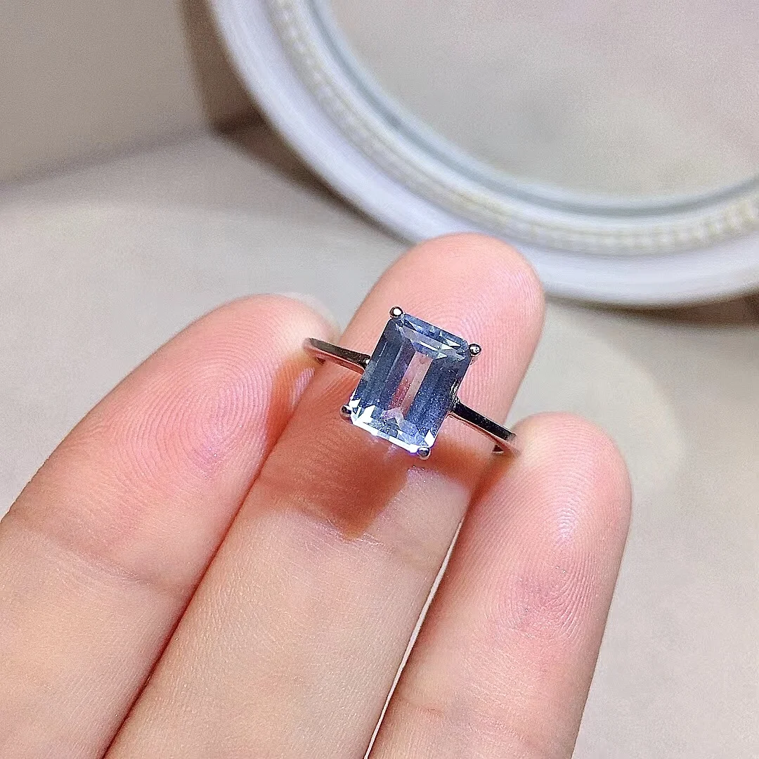 

1ct 6mm*8mm Natural Aquamarine Ring for Daily Wear Simple Silver Gemstone Ring Solid 925 Silver Aquamarine Jewelry