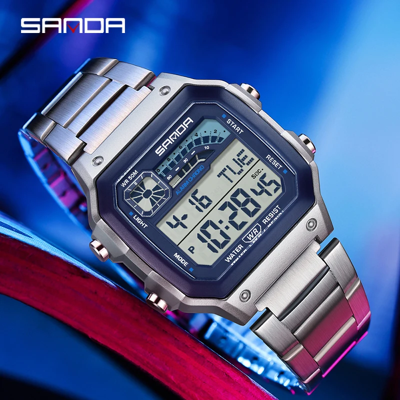 SANDA 6196 موضة ساعة اليد الإلكترونية للرجال متعددة الوظائف مضيئة الهاتفي التقويم مقاوم للماء الساعات الرقمية الرياضية للرجل