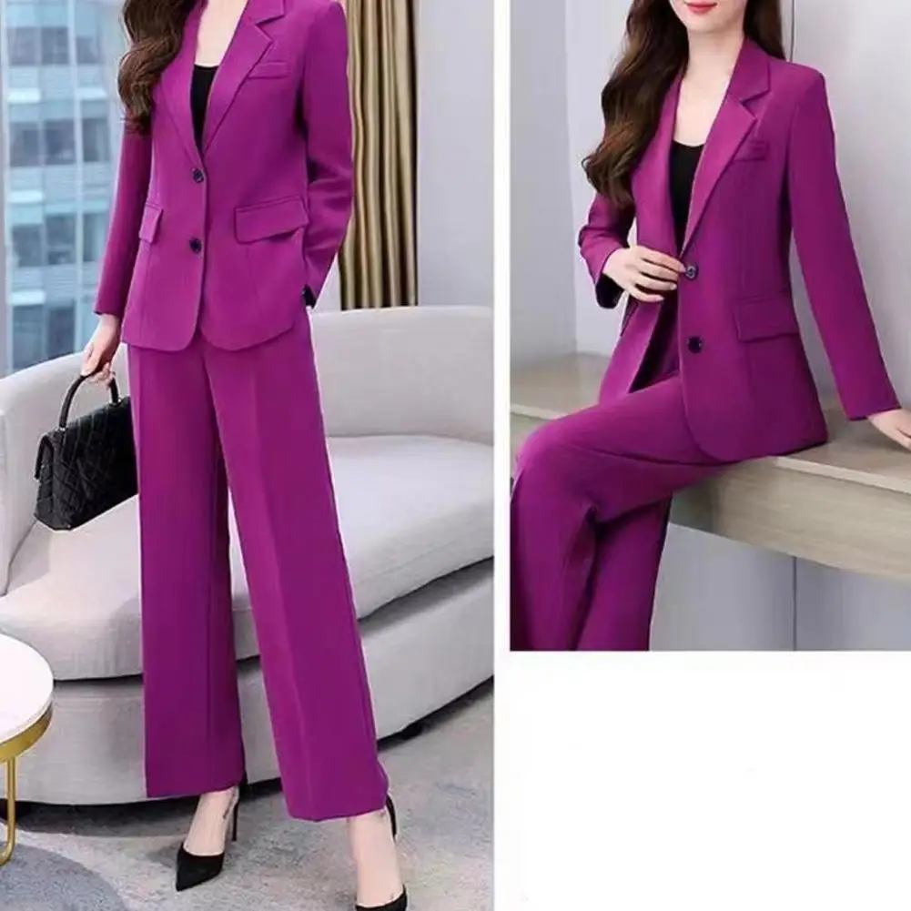 Business Coat Pants Suit Formal Business Style Women\'s Coat Pants Suit Set with Lapel Button Closure Long Sleeve Cardigan Wide