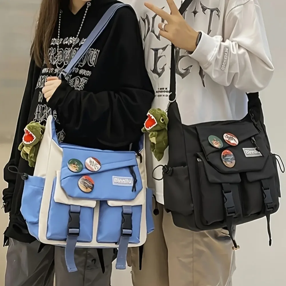 Large Capacity Men Crossbody Bag Square Harajuku Casual Messenger Bag with Badges Japanese Style Single Shoulder Bag Streetwear