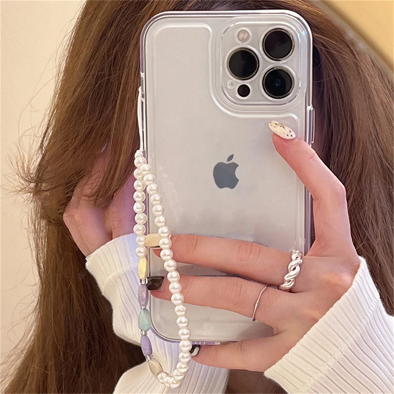 Korea Cute Pearl Heart Bracelet Transparent Phone Case For iPhone 17 16 14 15 13 12 11 Pro XS Max 16 Plus Shockproof Soft Cover