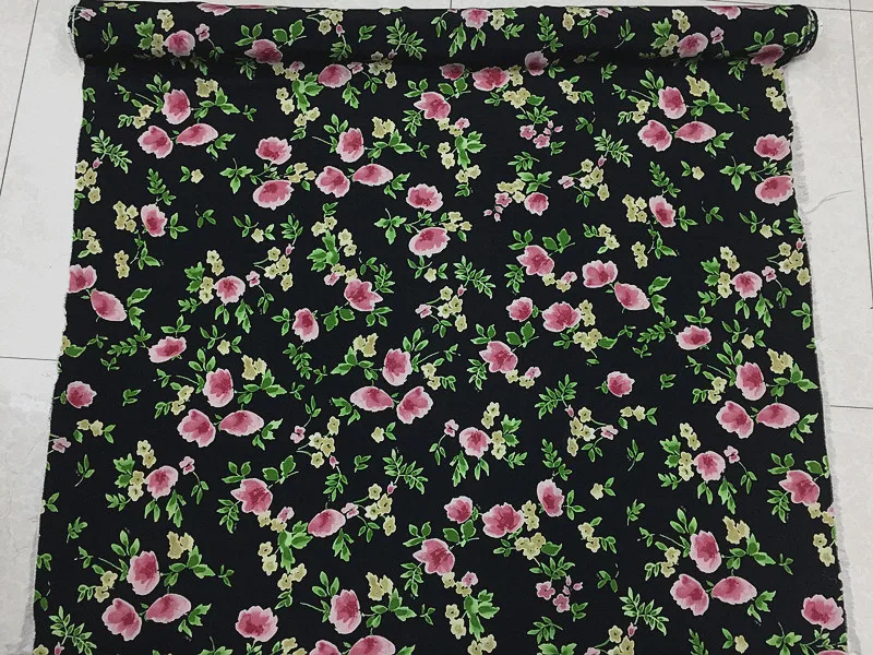 1 meter 100% Mulberry Silk 12 momme Crepe Silk Fabric Black Red Floral Printed 132cm 52