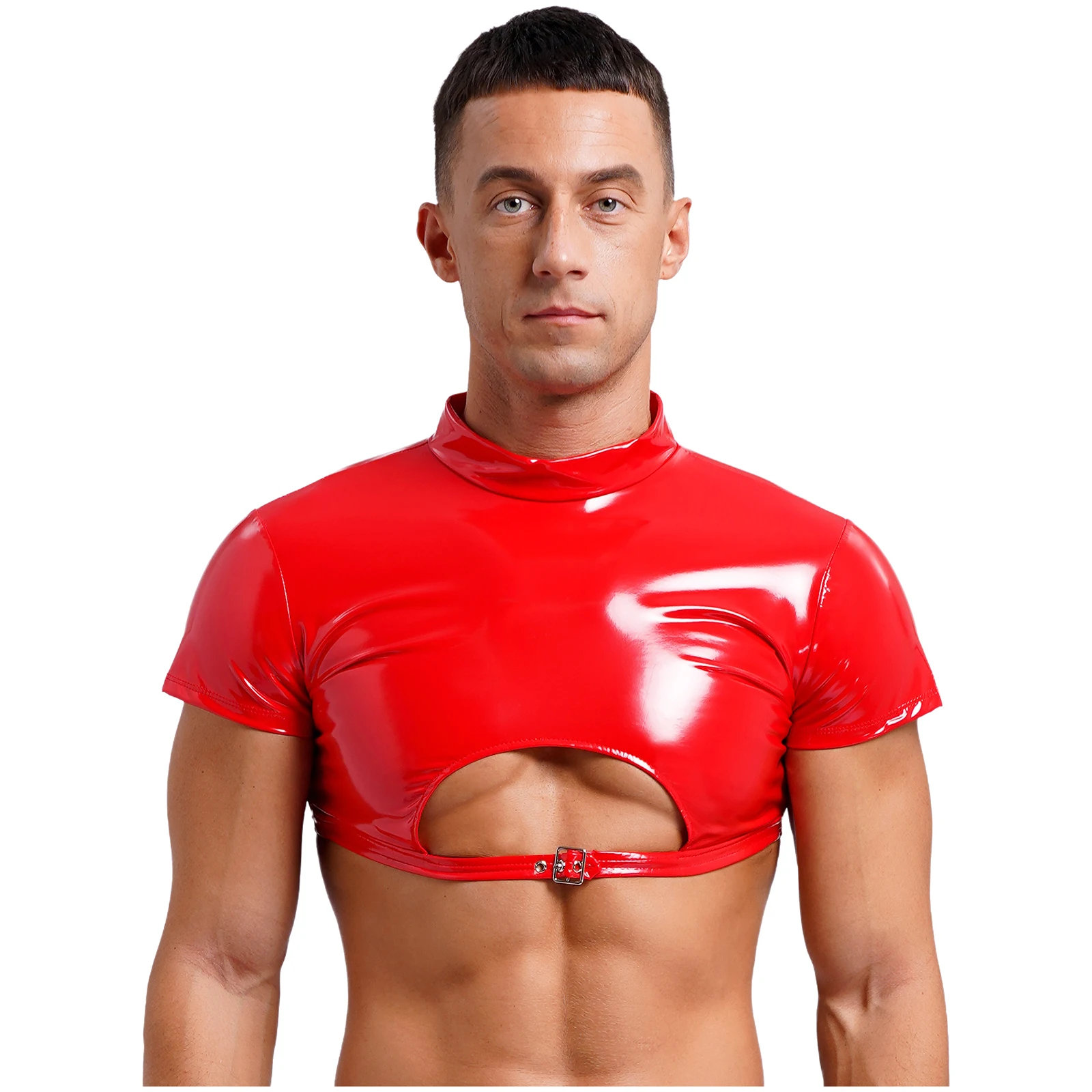 

Mens Patent Leather Cut Out Crop Top Wet Look Mock Neck Short Sleeve Slim Fit Tops Nightclub Stage Shows Costume Latex Tee Tops