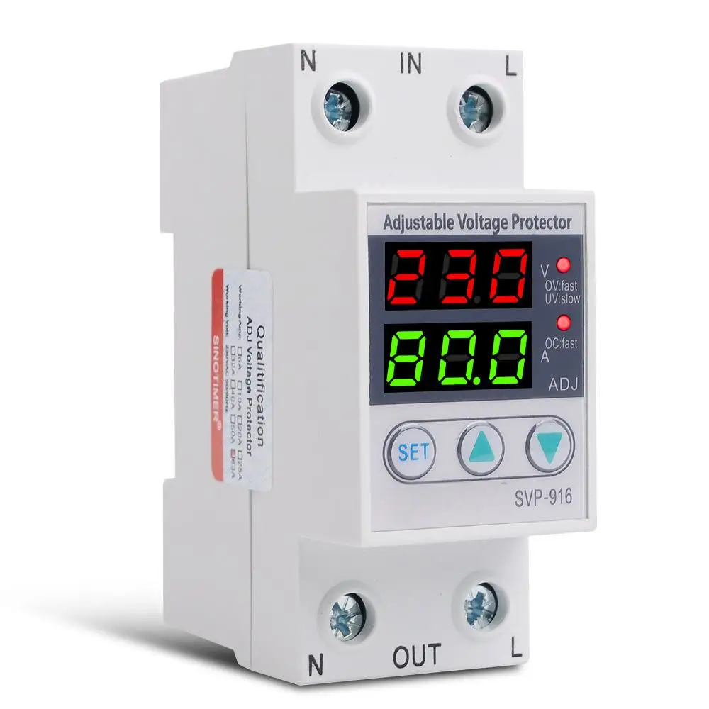SVP-916 Automatic Adjustable Voltage Relay Over Under Voltage Protection 40A 63A 80A ​Limit Current Dual Display Surge Protector