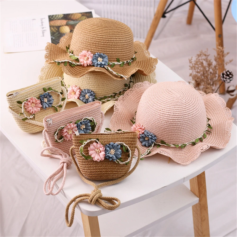 New Summer Kids Flower Caps Bag Girl Sandy Beach Hat Baby Coin Cute Weave Straw Purse Children\'s Messenger Backpack