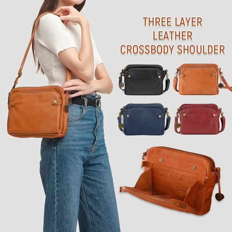 Vintage Three Layer Leather Crossbody Bag Crossbody Shoulder Bag Womens Handbag Bag for Daily Outdoor Activities