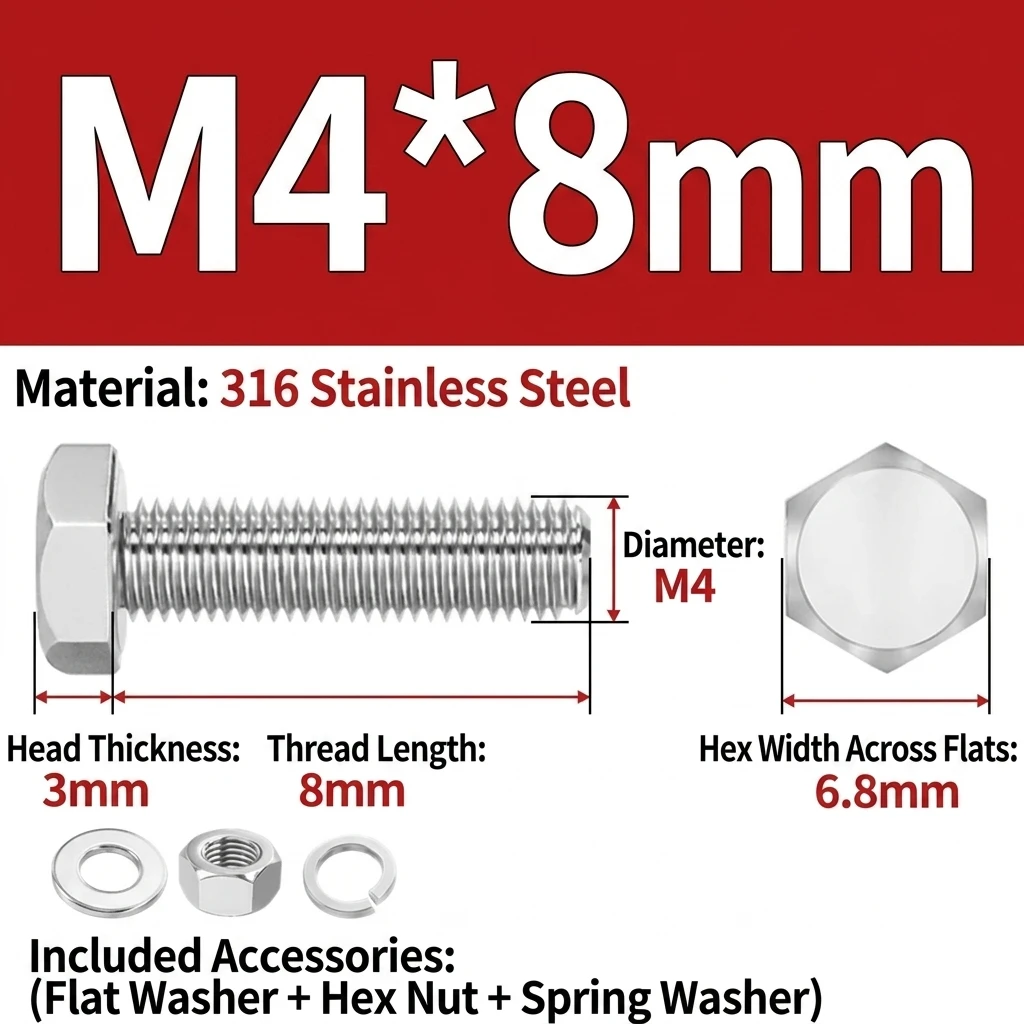 Hex Bolt Set Anti-Corrosive Hexagon Head Screw for Marine Engineering 316 Stainless Steel M6-M20 Fasteners Durable Industrial