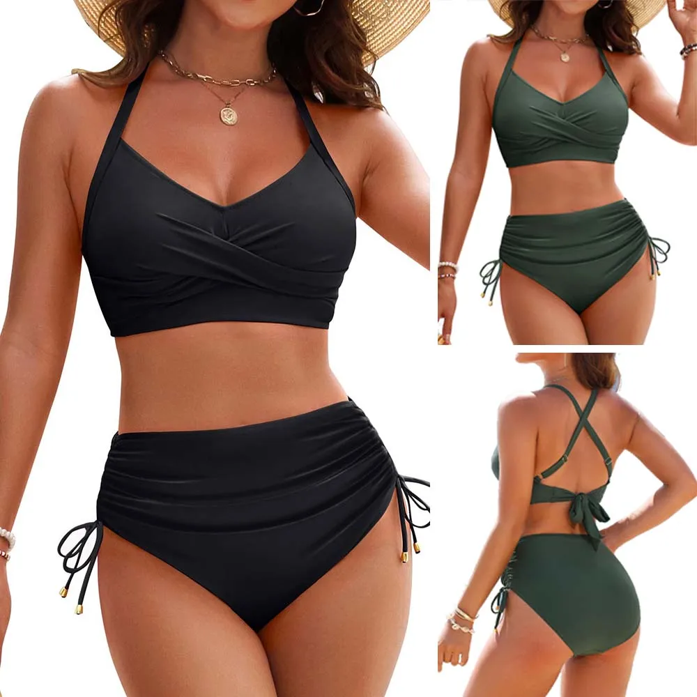 

Sexy Cross Halter Push Up Bikini Swimwear Women Drawstring High Waisted Bathing Suit Ruched 2 Piece Swimsuit Female Beach Wear