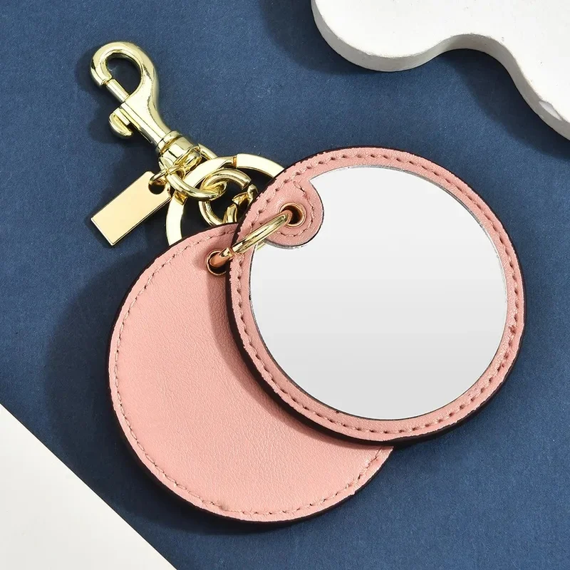 Signature Canvas Mirror Bag Charm Keychain Pink Leather Compact Hidden Mirror for Quick Makeup Touch Up Stylish Daily Accessory