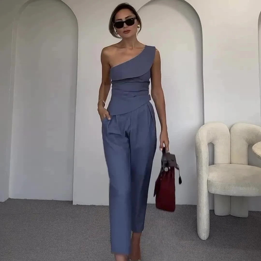 

2 Piece Sets Women Sexy Top Straight Pants Ensemble Solid Skew Collar High Waist Trousers Summer Office Lady Outfits 2025 Suit