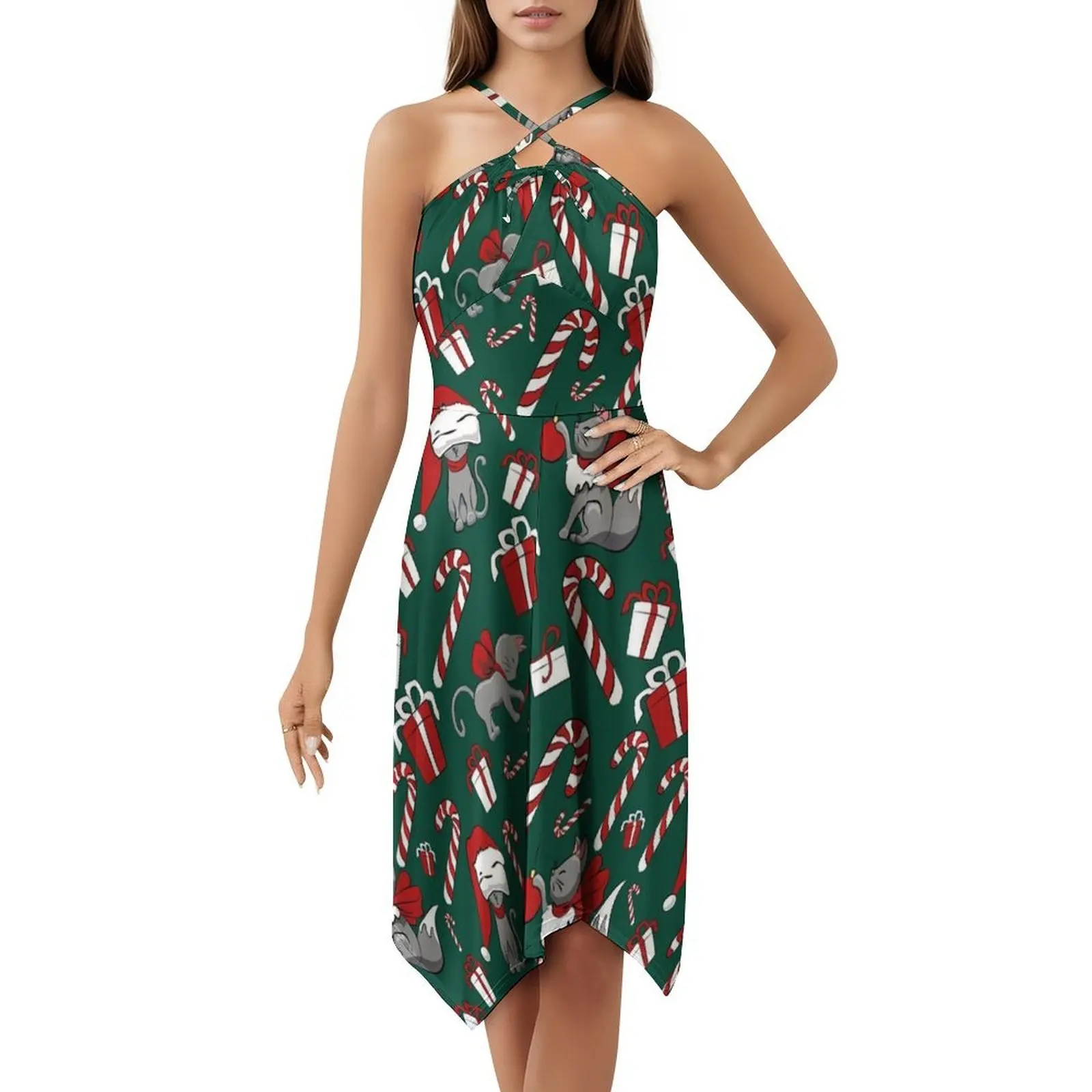 نمط قطة عيد الميلاد ° فستان قصير بنمط Preppy باللون الأخضر للنساء على شكل حرف A فستان كاجوال فضفاض مناسب للقطط والقطط وعيد الميلاد مثالي #6