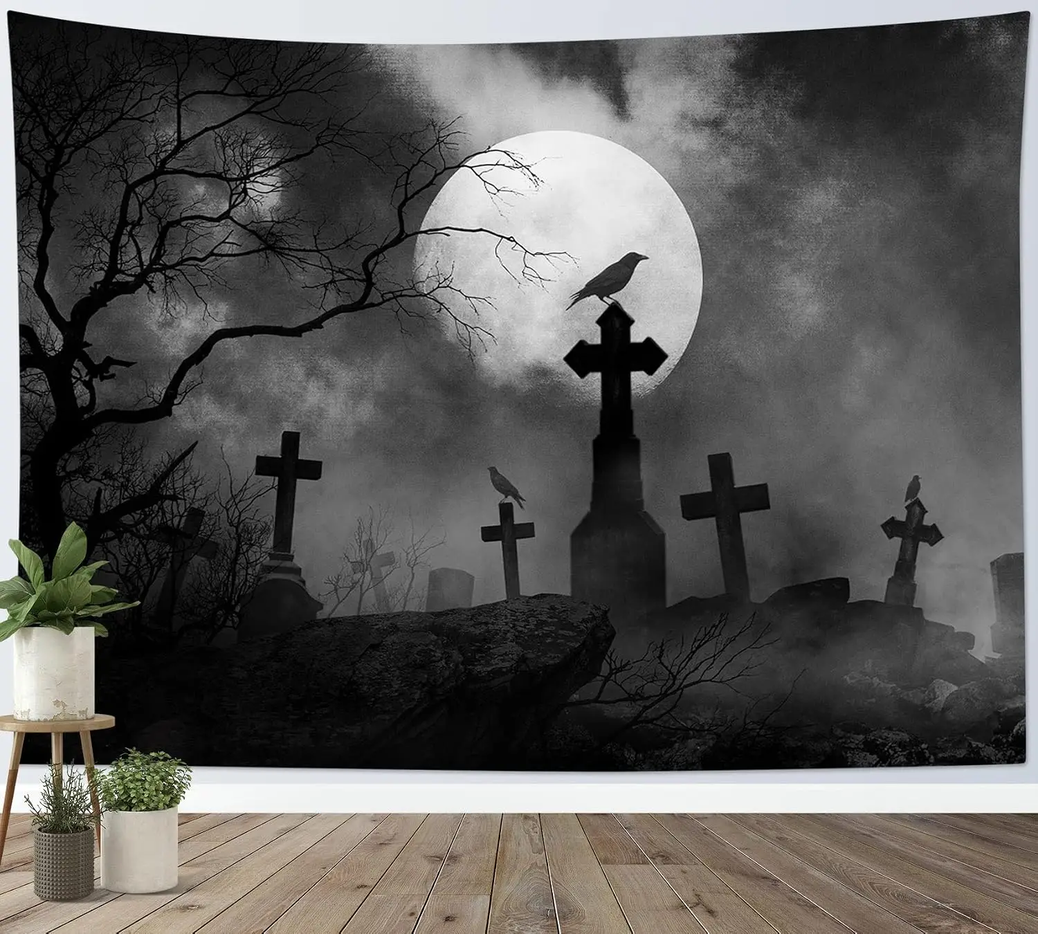 Tapestry Wall Wall Hanging Halloween Full Moon Black Crow Tombstone Dead Tree Scary Grey Cemetery Forest Bedroom Decor