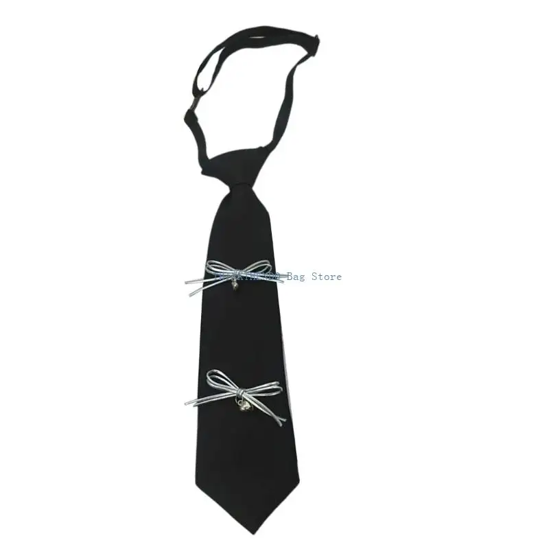340D Women Girls Bowknot Embellished Black Necktie Student School Uniform Aesthetic Adjustable Pre Tied Tie Shirt Accessory