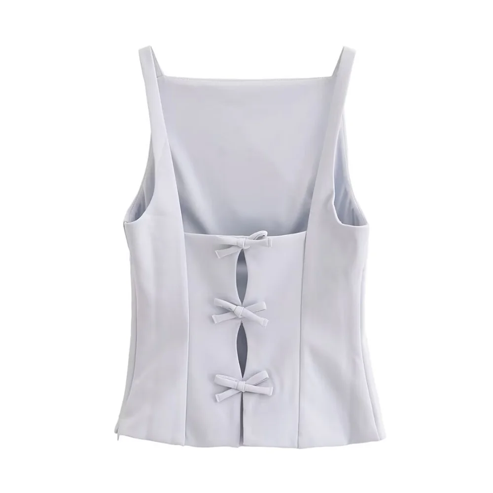 BMURHMZA 2024 Summer New Product Women\'s Wear Bow Decoration Strap Small Tank Top Straight Collar Slimming Sleeveless Top