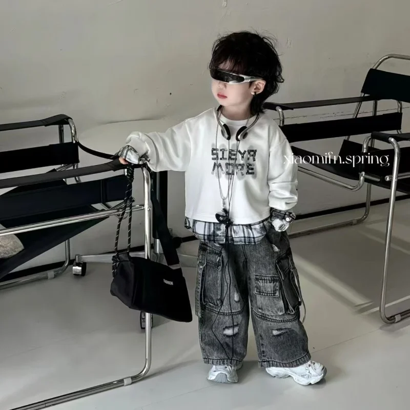 

Boys Spring Autumn 2-piece Set Long Sleeved T-shirt Sweatshirt +Wide Leg Jeans Set New Patchwork Hoodie+ Denim Cargo Pants Set