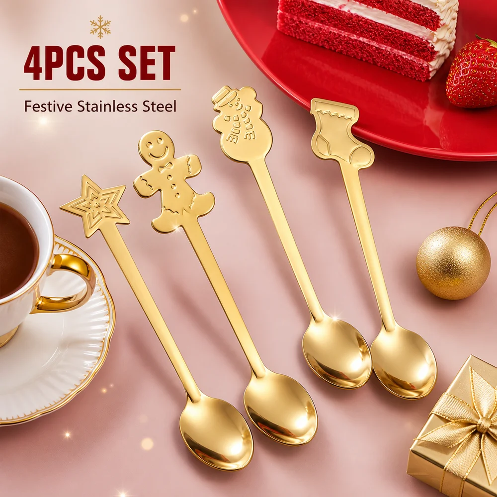 4PCS Set New Stainless Steel Dessert Spoons Snowman Festive Cutlery Spoon Stocking Gingerbread Coffee Spoons Christmas Gift