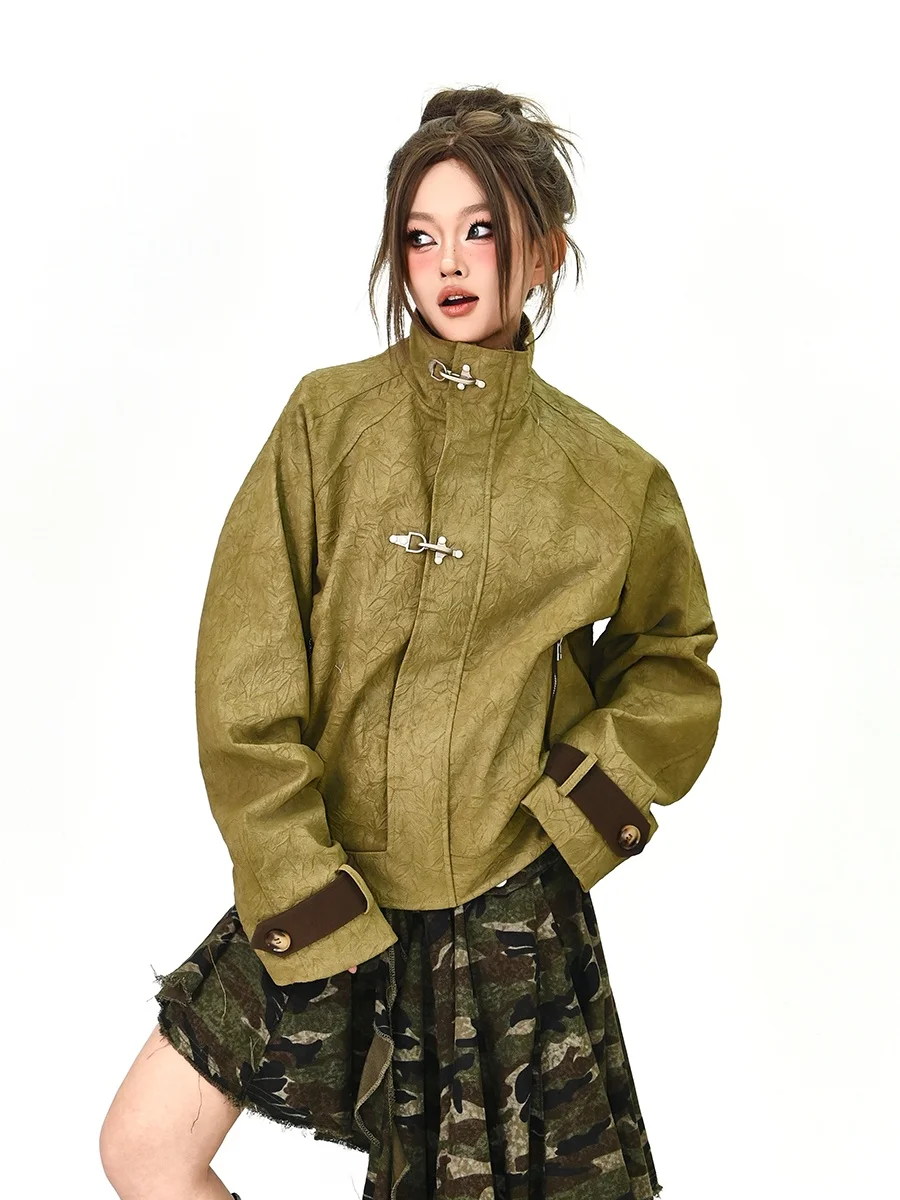 

Lazy Airplane Button Casual Jaet Women's Loose American High Street Retro Coat Stand Collar Zipper Design Youth Faion