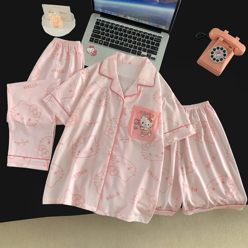 Cartoon Hello Kitty Kinder-Pyjama-Set Sommer Kawaii Sanrio Strickjacke mit Revers Schlafanzug Komfortable Mädchen Niedliche Kinder Freizeit-Loungewear