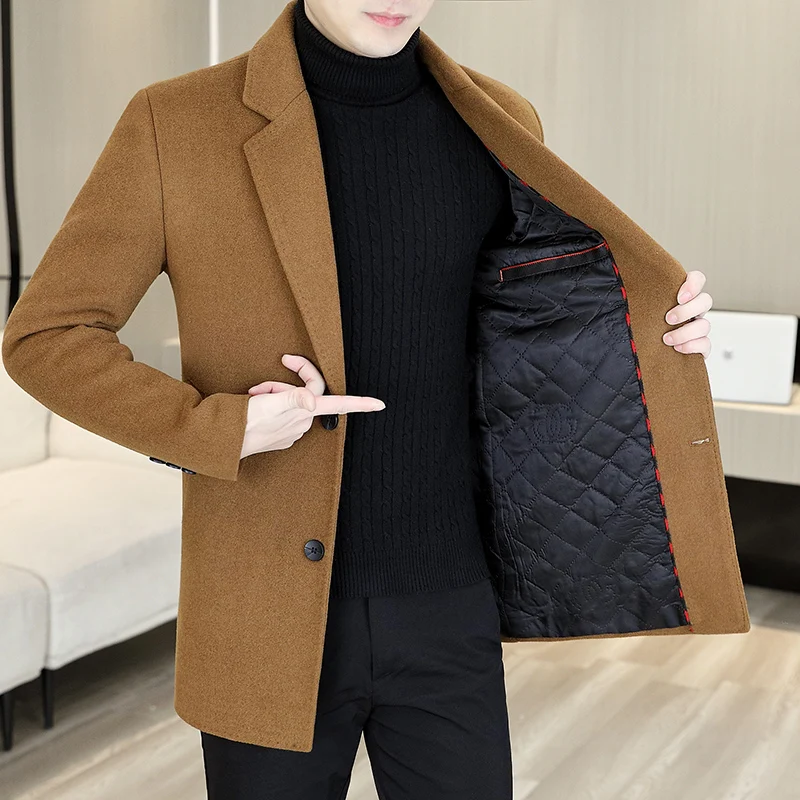 Classic Men\'s Business Causal Woolen Coats 2024 Winter Warm Mid-Length Wool Windbreaker Jacket Solid Cotton-Thicken Top Overcoat