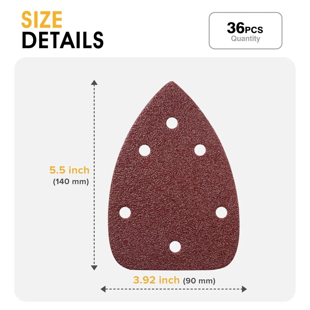 36 Pcs Triangle Mouse Sanding Sheets 6‑Hole Hook and Loop Sandpaper Pads 60-240 Grit for Detail Palm Sander Woodworking
