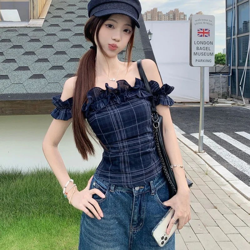 Women Off Shoulder T-shirts Lady Plaid Irregular Ruffle Trim Slim Fit Cropped Waist Cold Shoulder Top Female Vintage Top