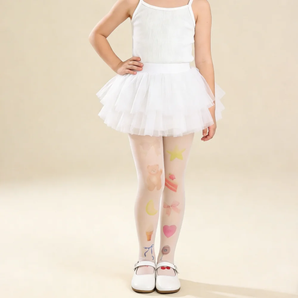 Cute Girls Digital Printed Tights White Pantyhose Summer Thin Breathable Nylon Stockings Toddler Kids Soft Base Layer Leggings