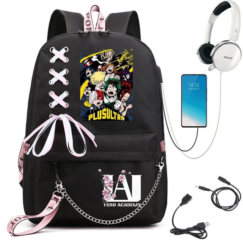 My Hero Academia Anime Print Student Backpack with Webbing Straps Girls School Bag Lightweight Casual Daypack