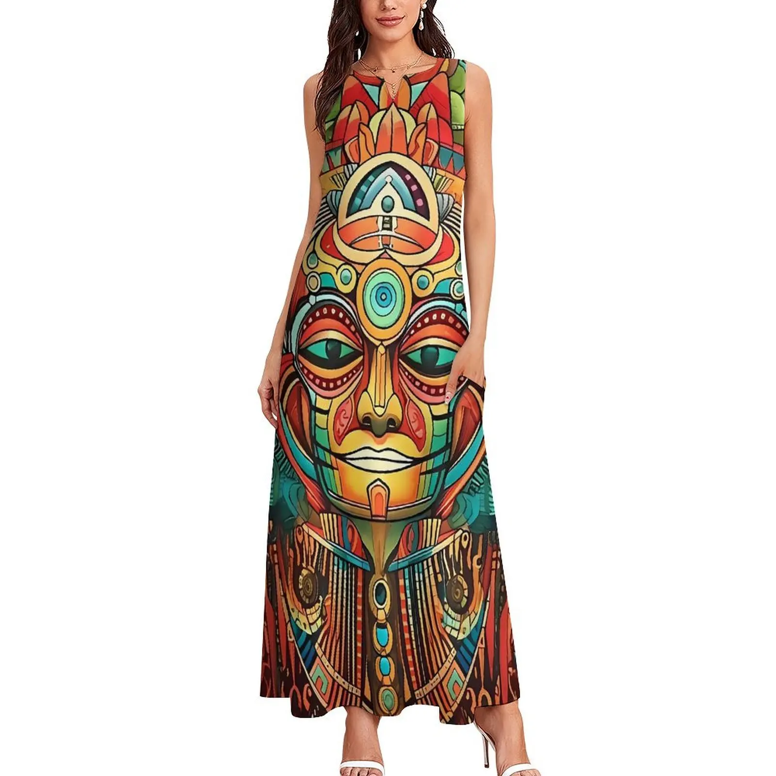 Abstract Aztec Art Dress  Party Maxi Dress Aesthetic Boho Beach Long Dresses Ladies Sleeveless Pattern Big Size Vestidos