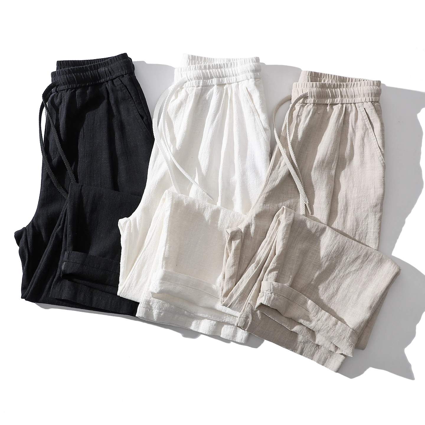 

l Linen Cotton Blend Men's Comfortable Casual Loose Waist Straight Leg Pants Summer Season Elastic Bend Knife Long Trou...