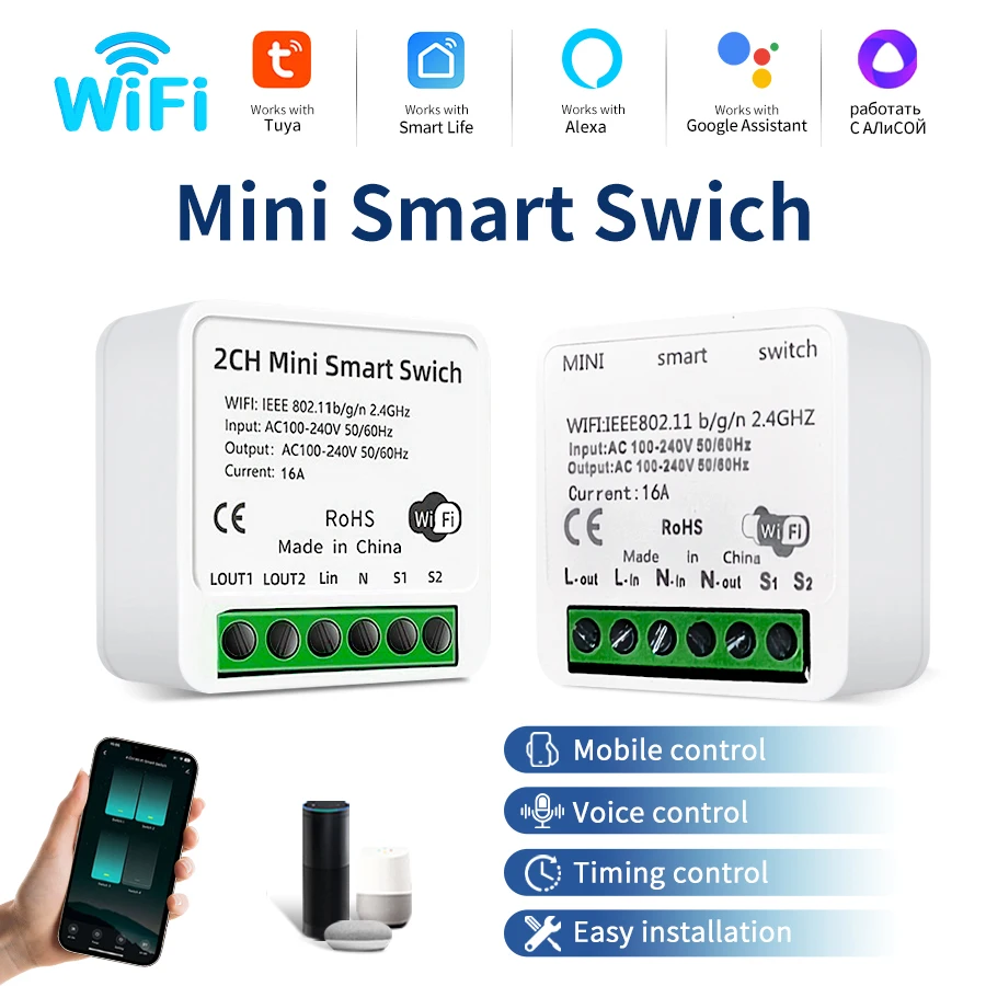 1/2CH Tuya WiFi Smart Switch 100-240V 16A Relay Breaker Works with Smart Life App Alexa Google Assistant Smart Automation Module