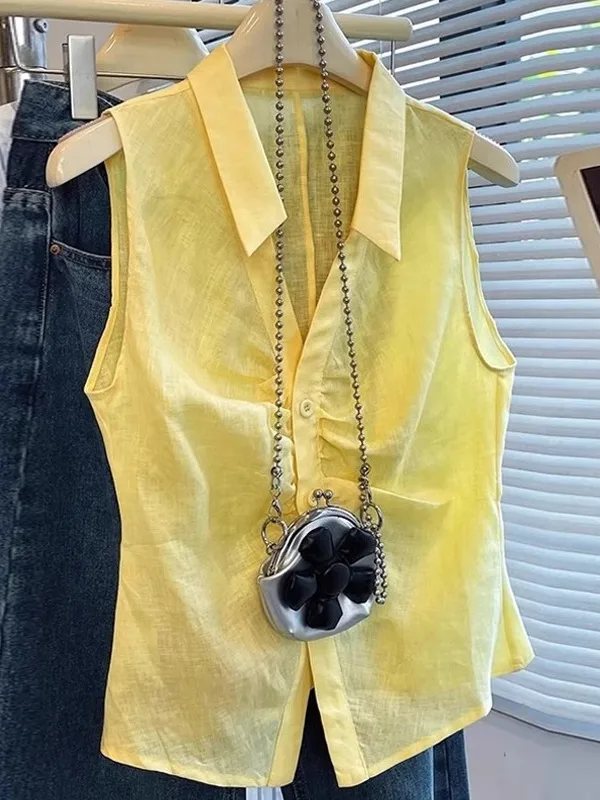 

Korean Style Slim Fit Yellow Pleated Collared Sleeveless Shirt Women's Summer New Fashion Waist Cinching Slimming Top