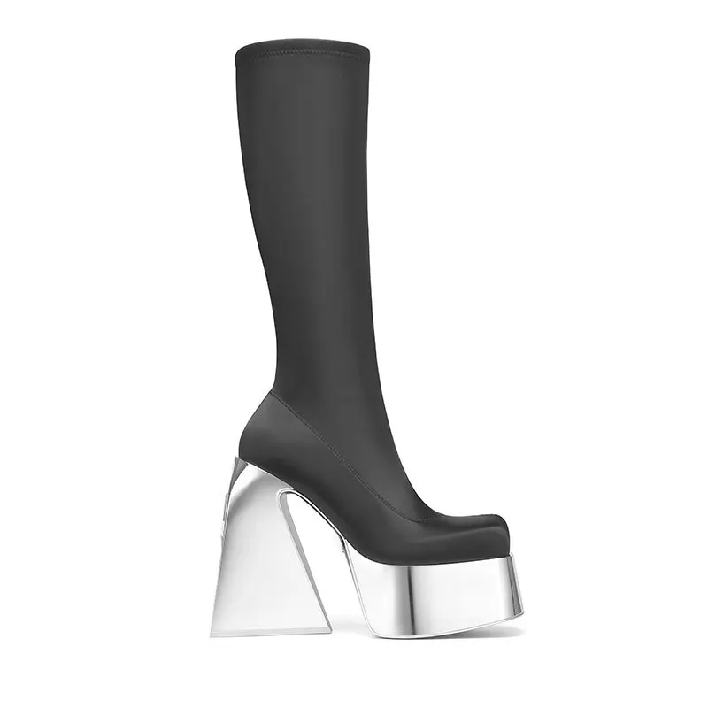 Silver Red Color Waterproof Platform Boots Ultra High Heel Square Head Fashion Women\'s Boots Steel Pipe Dance Stage Boots 35-43