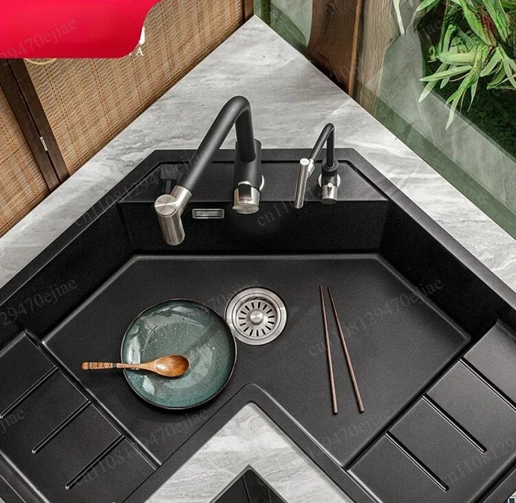 L-Shaped Quartz Kitchen Sink | Large Single Bowl Corner Wash Basin with Drain Kit