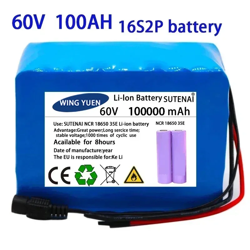 

60V 16S2P 100Ah 18650 lithium-ion battery pack 67.2V lithium-ion 101000mAh electric power lithium battery with 30A BMS 750W 1000