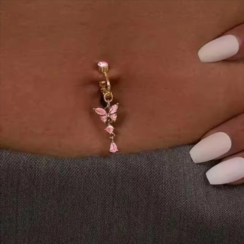 Clip on Belly Button Ring Butterfly Copper Zircon Pink Fake Belly Piercing Umbilical Navel Body Jewelry Trendy Fashion Style