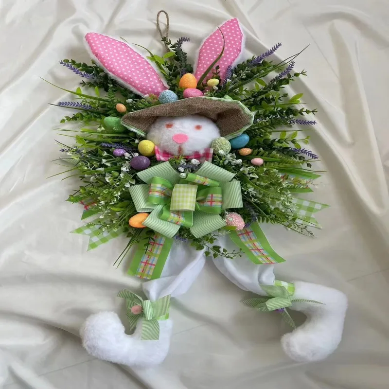 Easter Bunny Decorative Garland Pendant with Easter Cartoon Theme Simulated Plant Door Hanging Ornament Easter Bunny Door Hanger