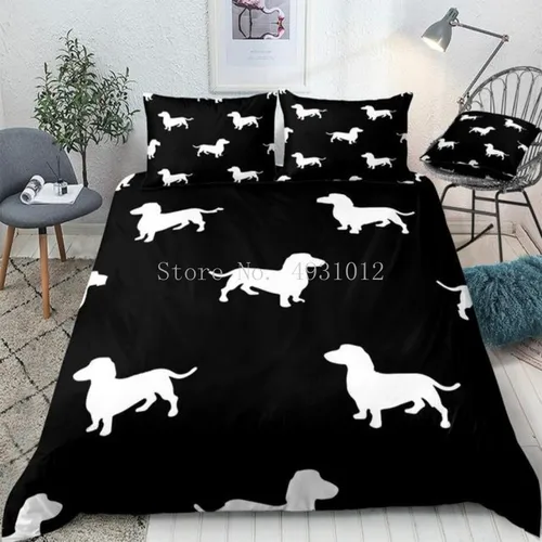 닥스 훈트 개 이불 커버 세트 귀여운 흰색 소시지 개 침구 아이 소년 소녀 블랙 만화 이불 커버 퀸 침대 세트, 닥스 훈트 개 이불 커버 