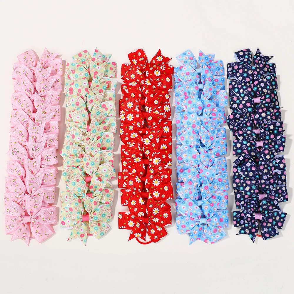 

50pcs Girls Elastic Hair Bands Flower Printed Bow Ponytail Holder Hair Rope Kids Boutique Headwear Assorted Colors Accessories
