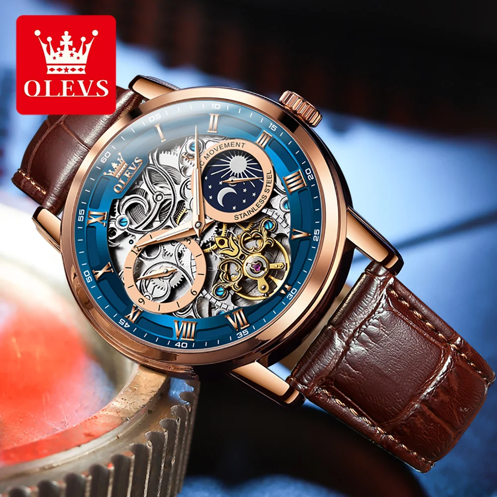 OLEVS Mens Watches Automatic Mechanical Watch Tourbillon Sport Clock Leather Casual Business Retro Wristwatch Relojes Hombre