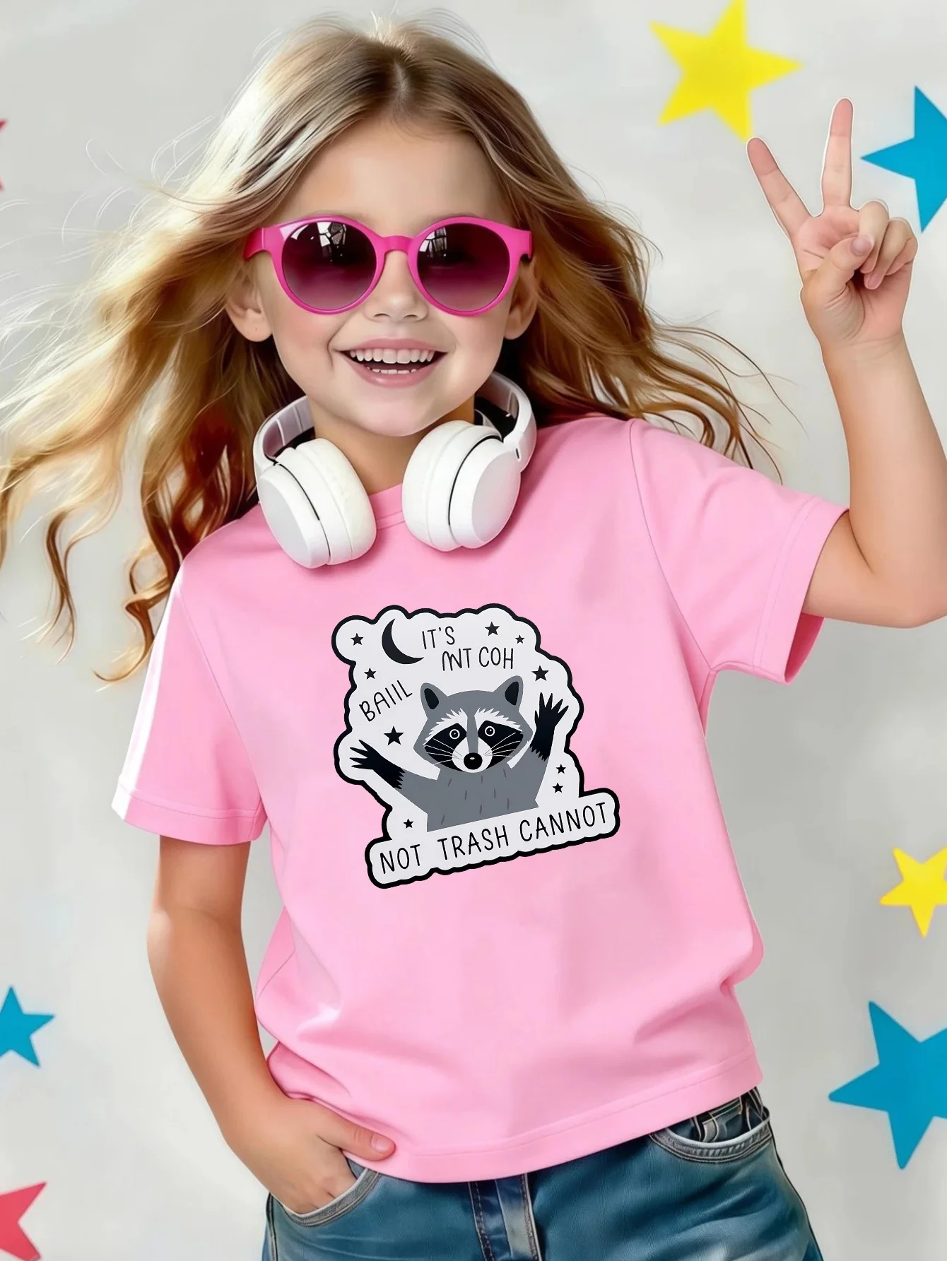 Funny Raccoon With Moon Stars Slogan Sticker Print Kids T Shirt Boys Girls Cotton Sleeve Parent Child  Summer Casual Basic Tee