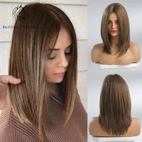 Peluca sintética de unicornio rubio para mujer, pelo medio largo degradado marrón con parte media, pelucas de Cosplay para fiesta diaria, fibra resistente al calor